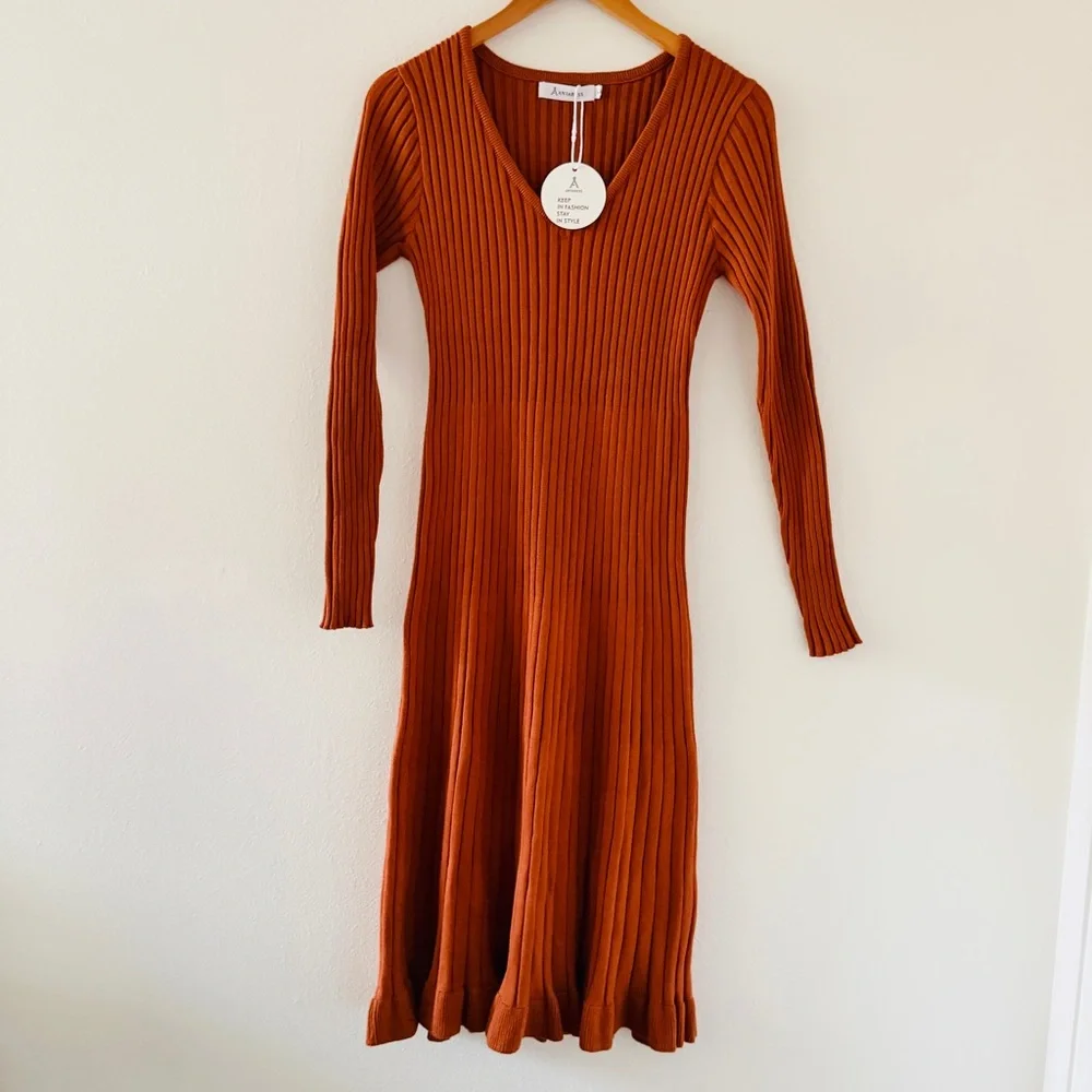 NWT Anrabess Long Sleeve Ribbed Bodycon Sweater Dress - Rust Red Brown - Picture 4 of 4